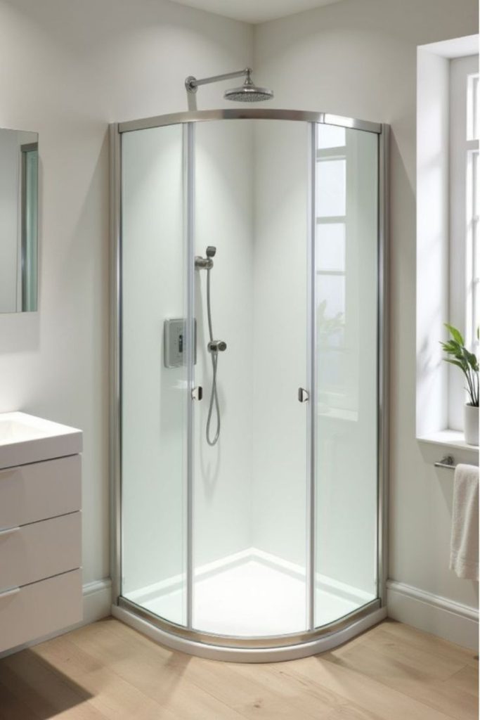 Angled glass corner shower with reflections.