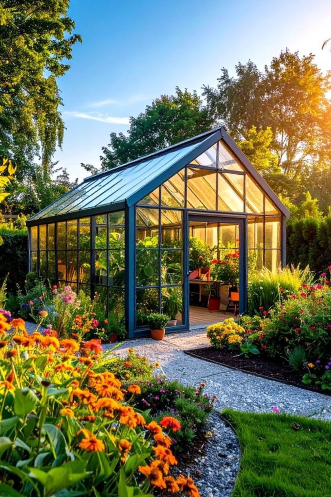 Crooked greenhouse filled with lush ferns.