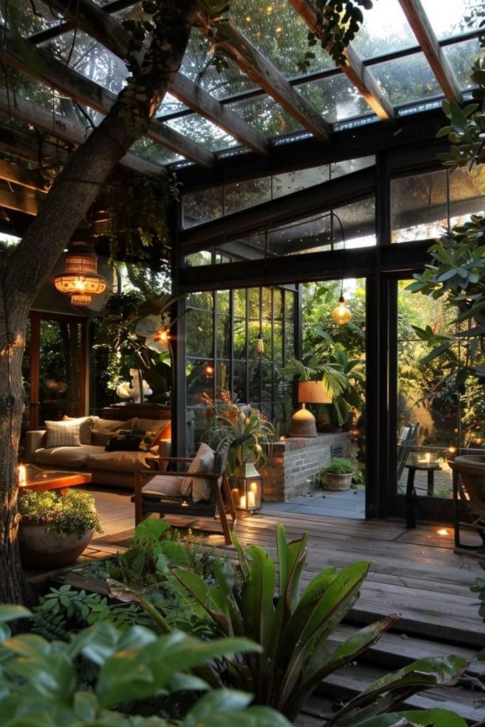 Glasshouse grove patio with tropical plants