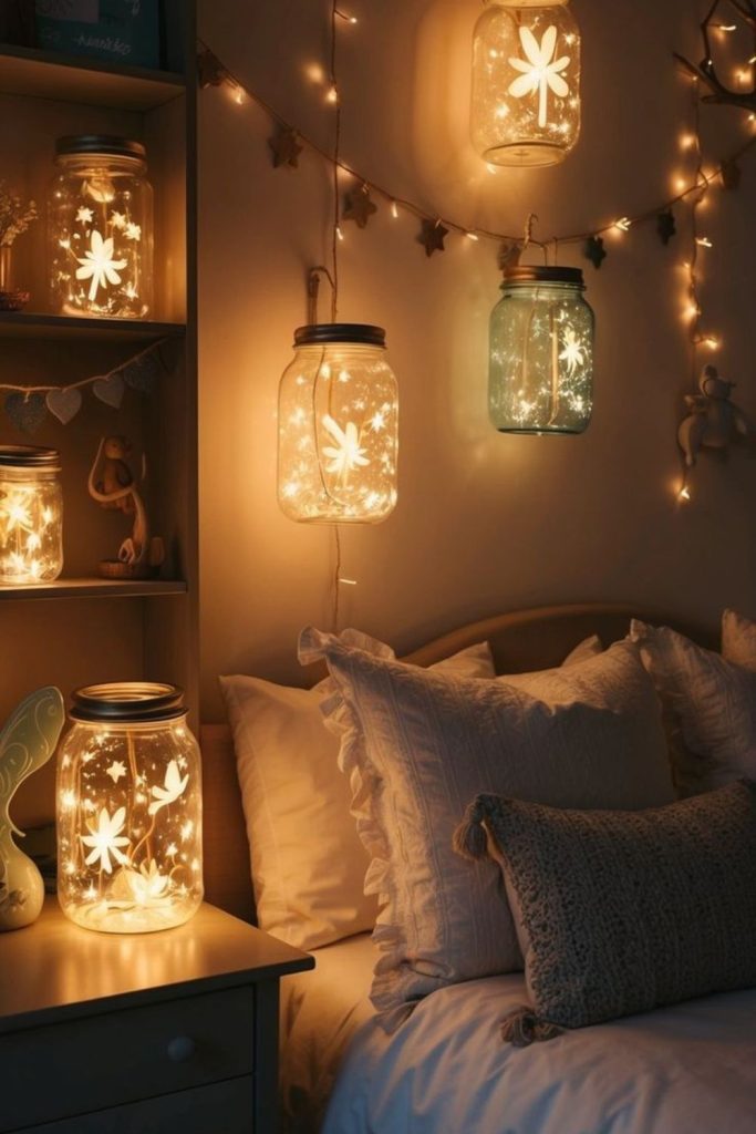 Fairy lights inside glowing glass jars