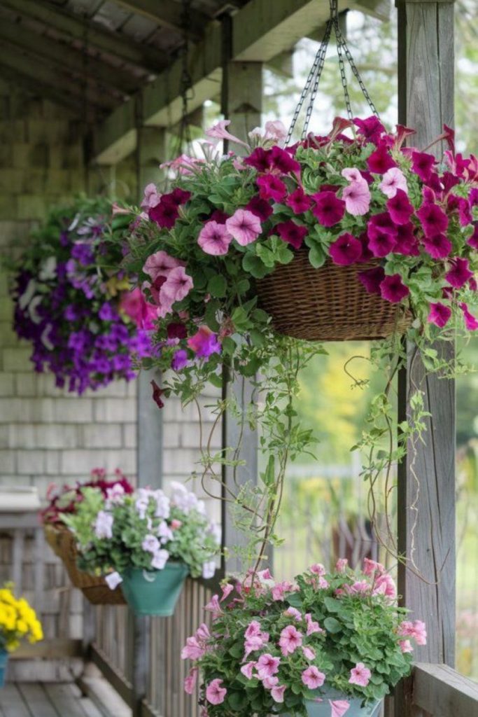 Hanging baskets with colorful flowers.