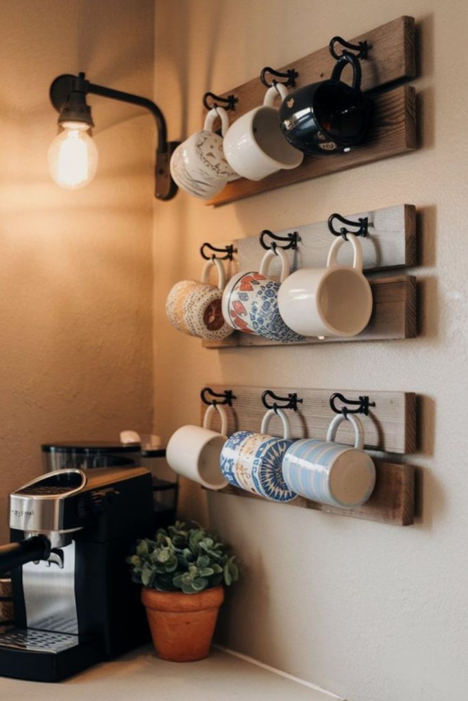 Ceramic cups hanging upside down