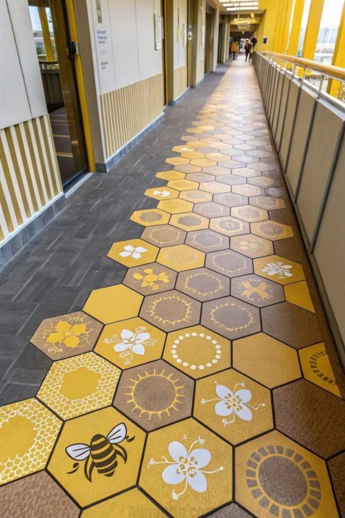 Honeycomb floor decal pathway.