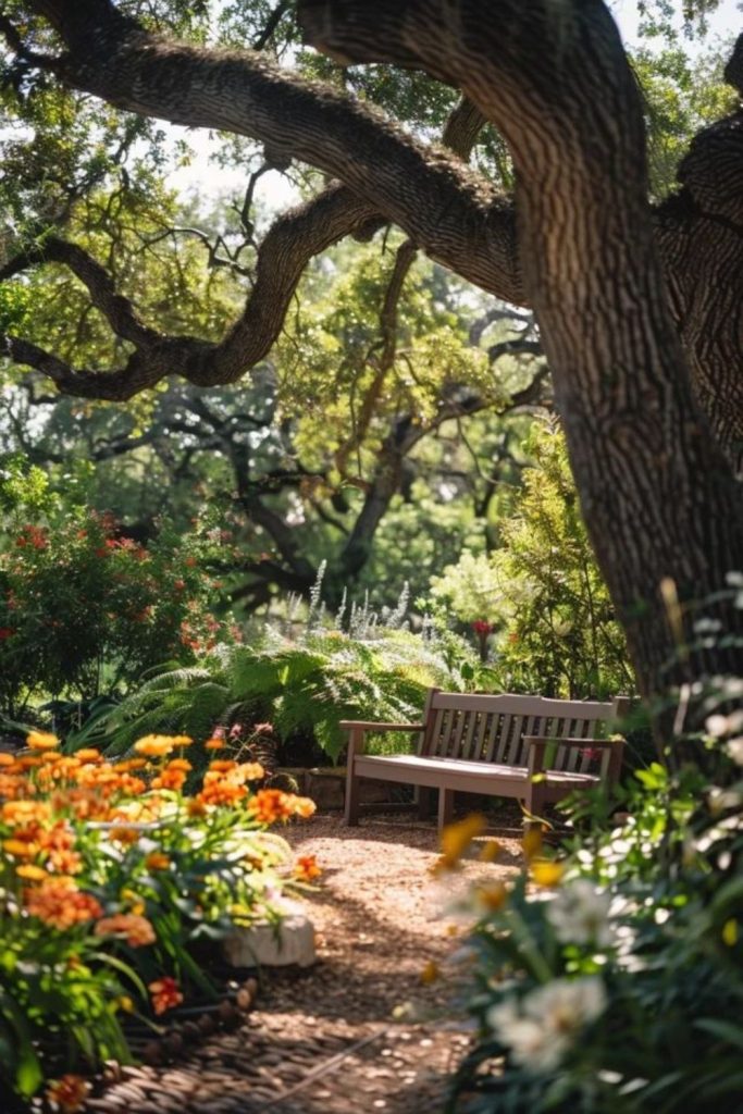 Twisted oak trees with scattered leaves.