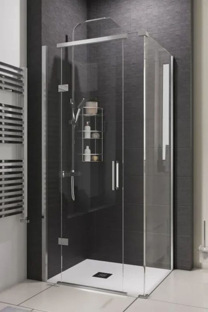 Mesh panel corner shower enclosure.