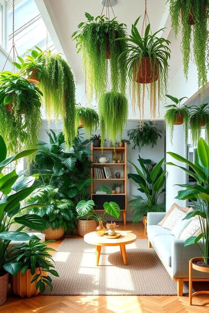 Hanging plants in loft interior