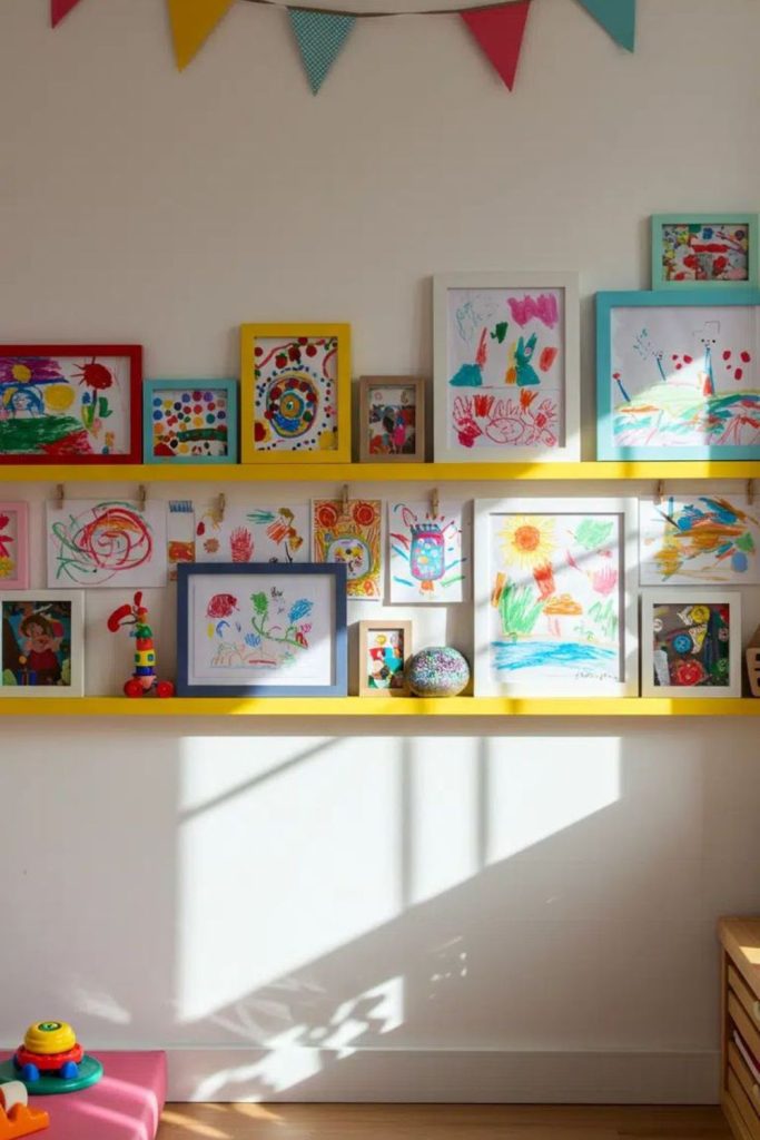 Kids art rotating colorful gallery wall.