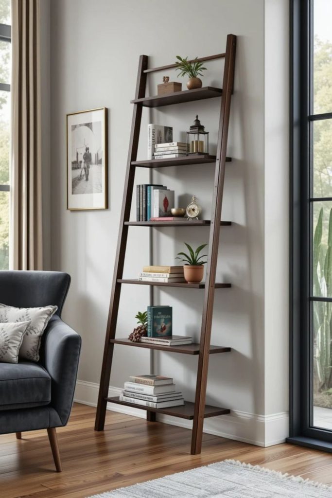 Leaning ladder shelf with décor.