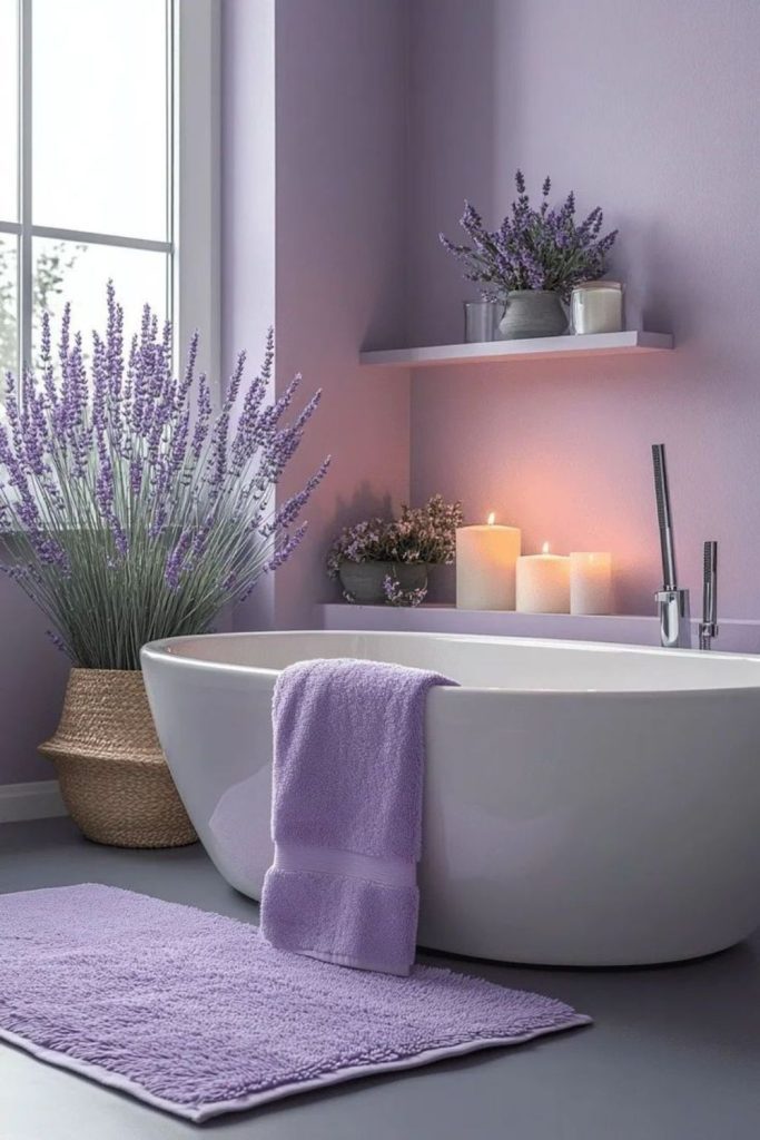 Lavender bathroom with calming accents.