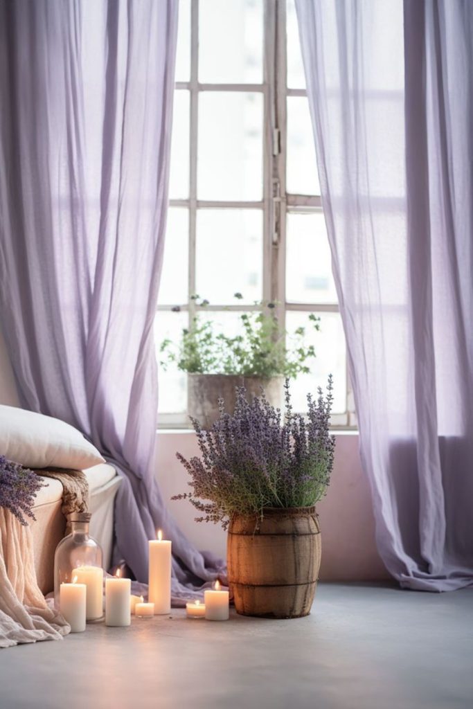 Pastel room with lilac curtains