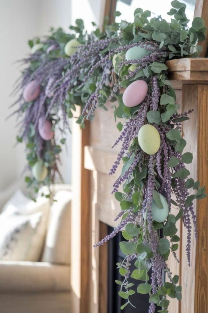 Lace drapes with lavender sprigs