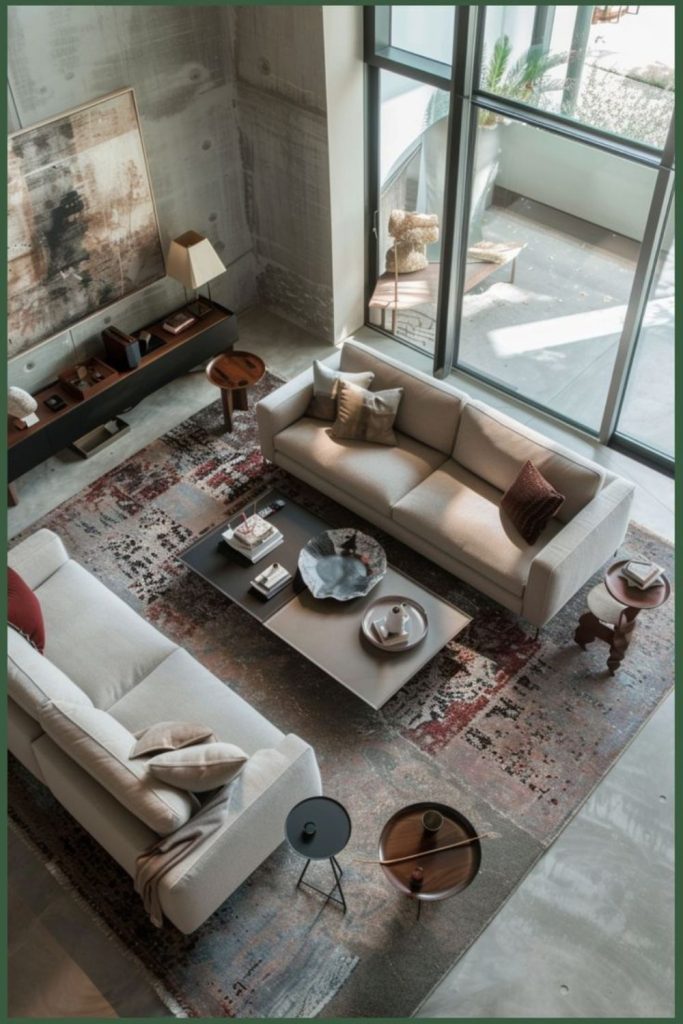 Layered asymmetric sofas chairs visual intrigue