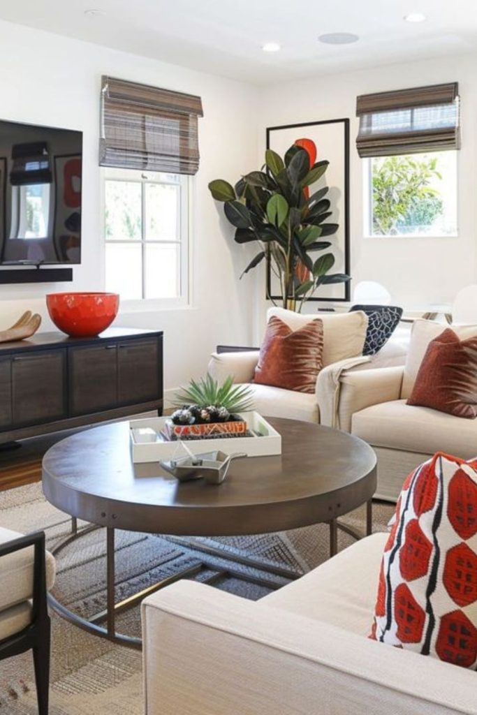 Layered staggered sofas depth visual interest