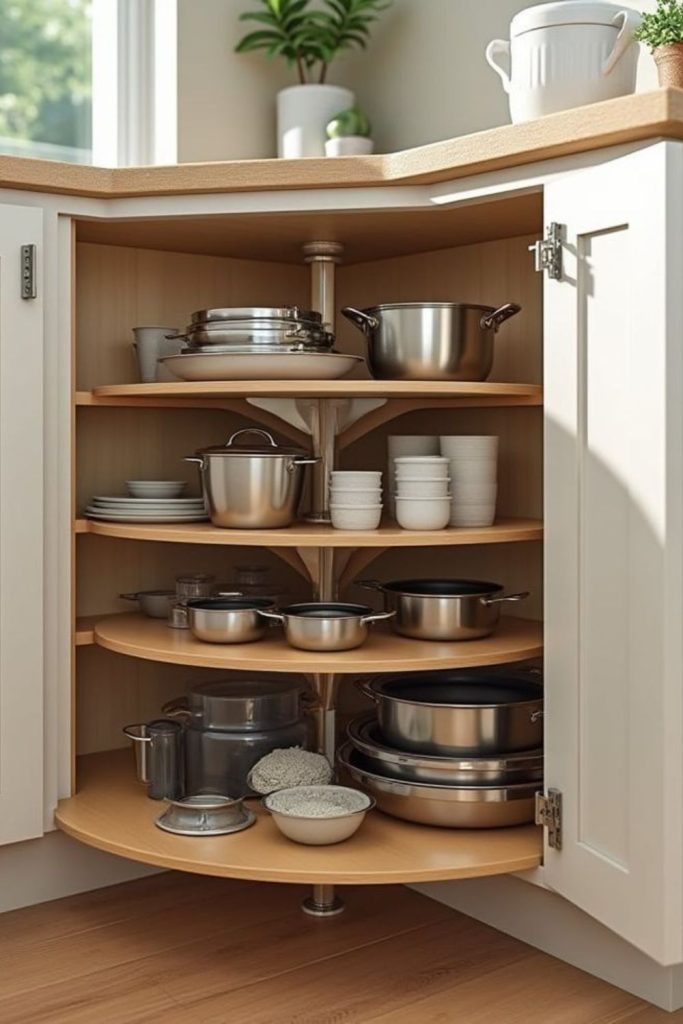Rotating corner lazy Susan storage