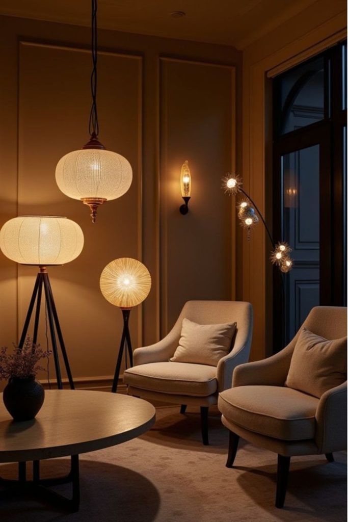 Layered lighting producing cozy warm ambiance.