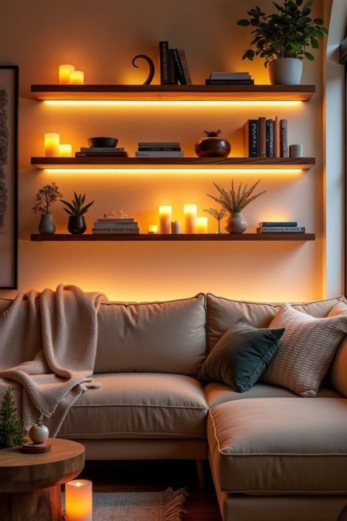 Varied lights producing warm dynamic glow.