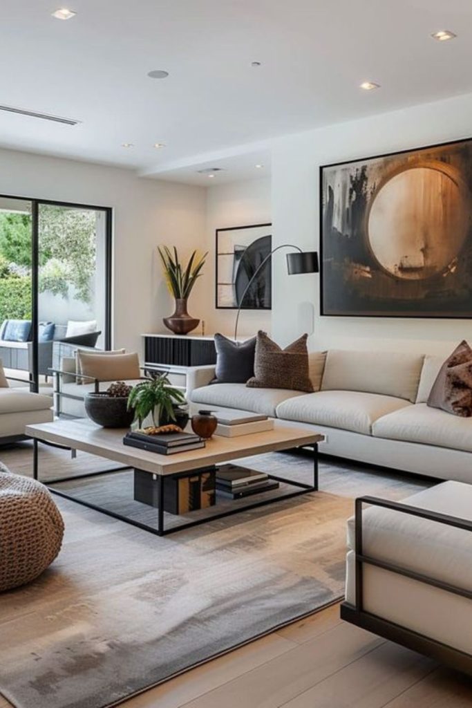 Linear minimalist sofa arrangement elongated room