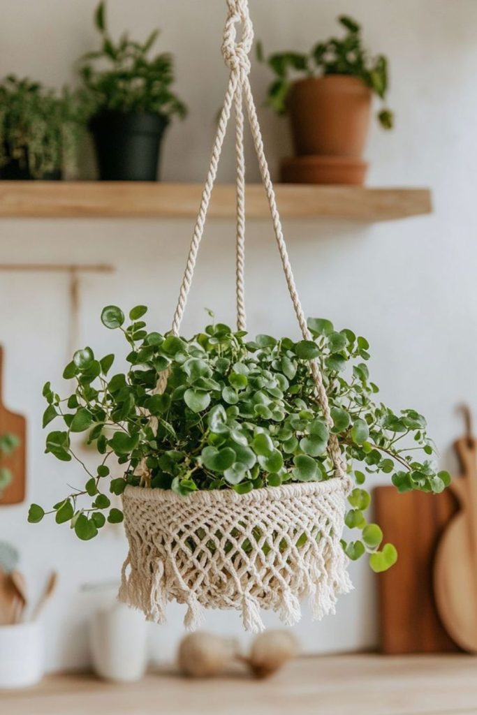 Macrame hanging pots with fresh herbs