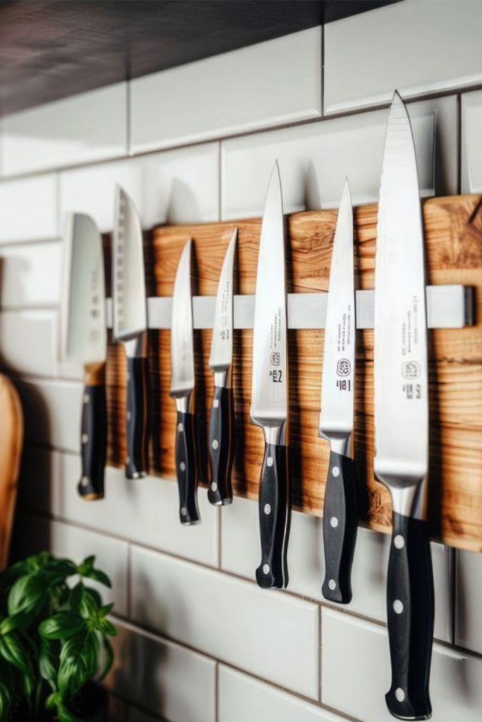 Magnetic knife strip mounted on wall