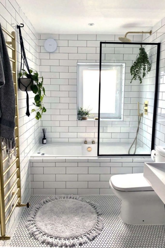 Subway tile industrial small bathroom