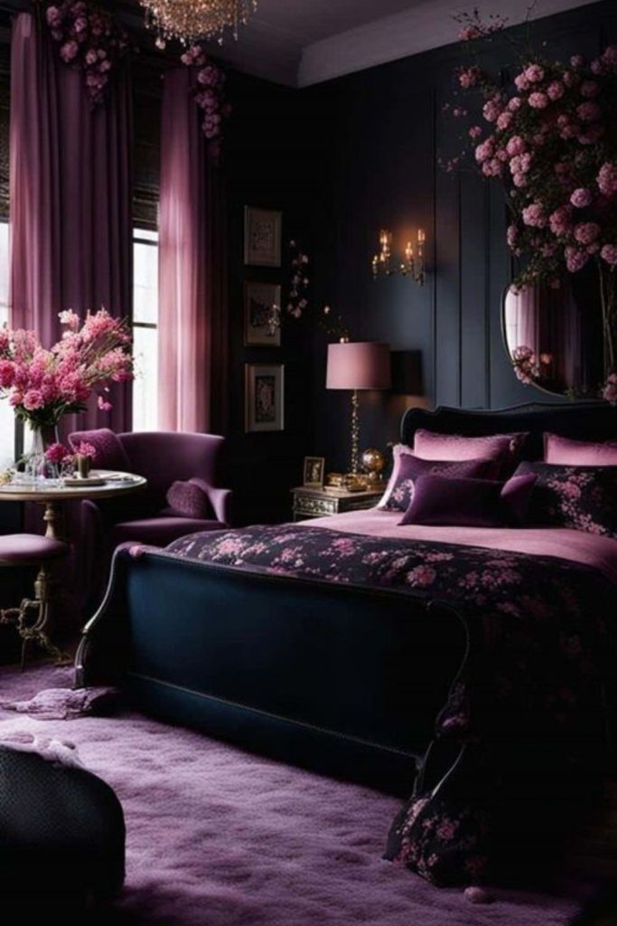 Dark violet floral moody bedroom