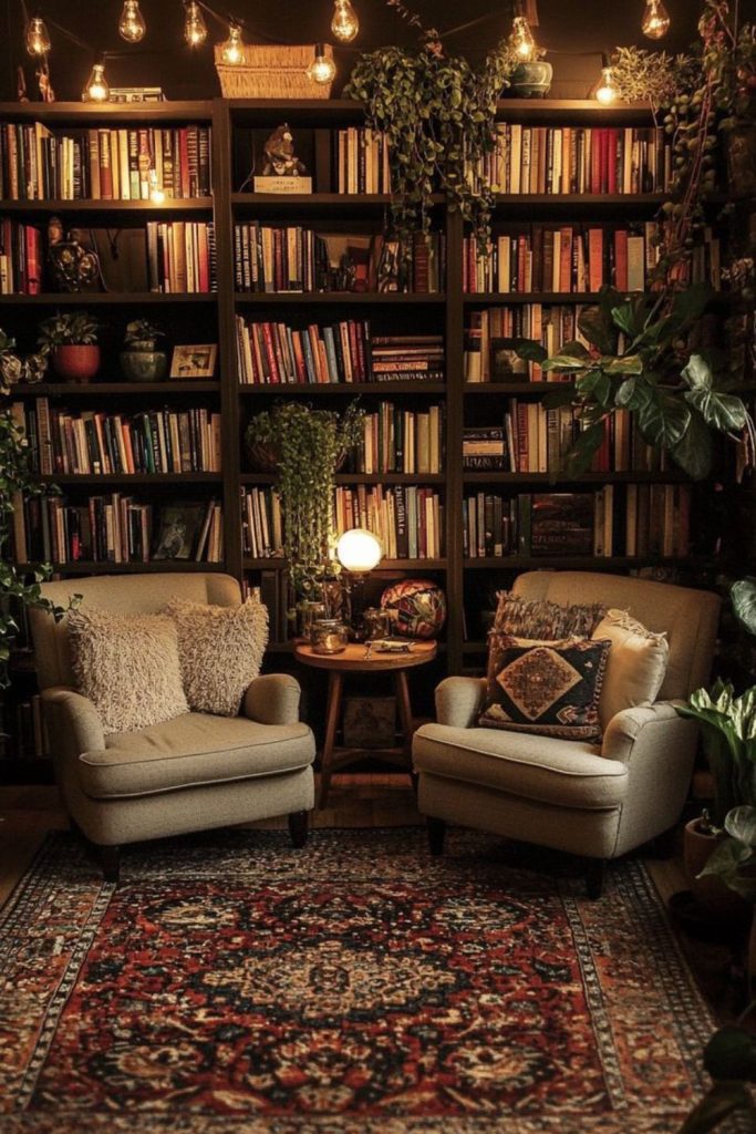 Dark cozy library with velvet chairs