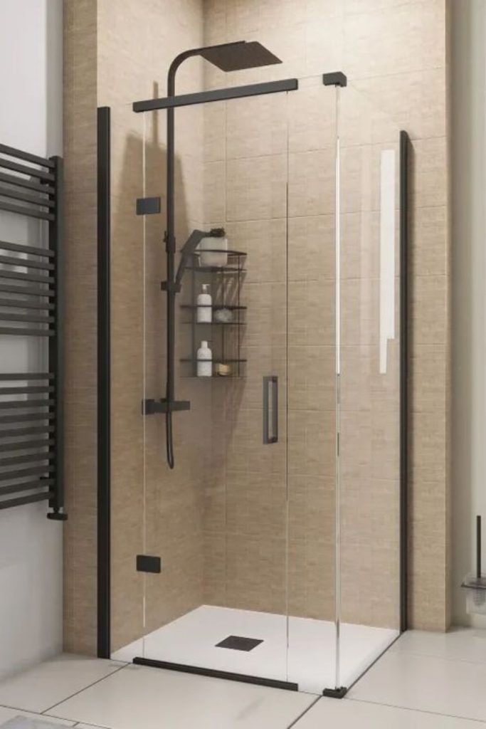 Sleek matte tiles corner shower design.