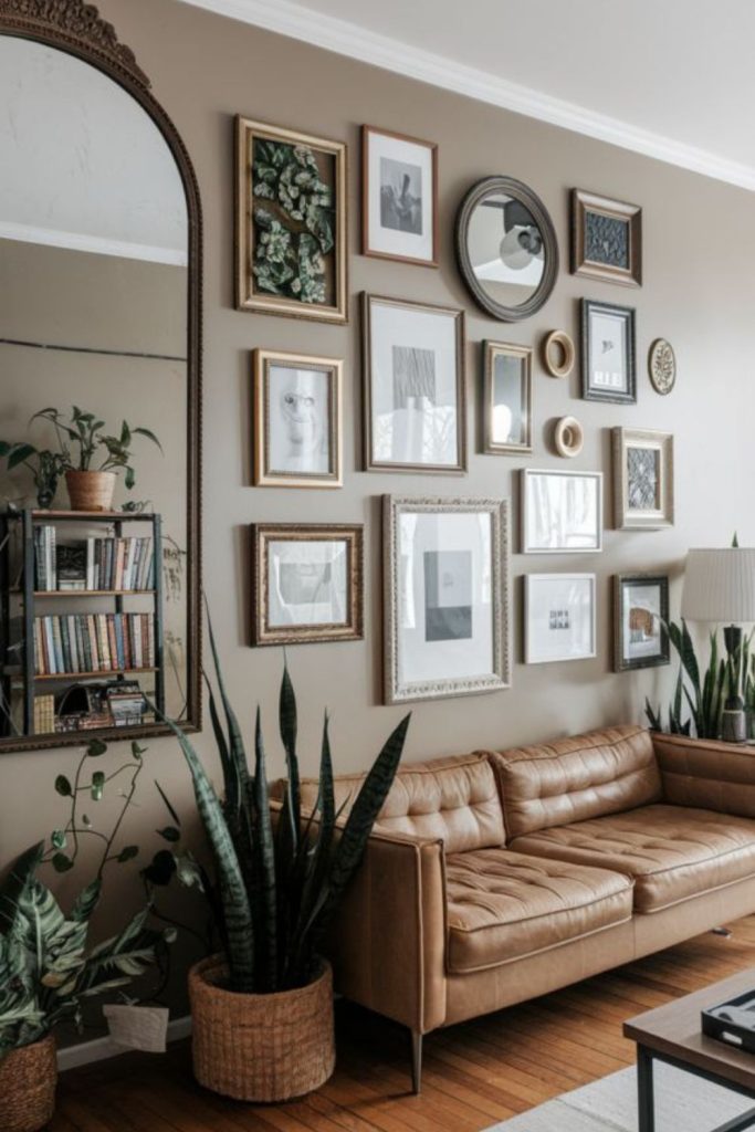 Mirror and photo hybrid gallery wall.