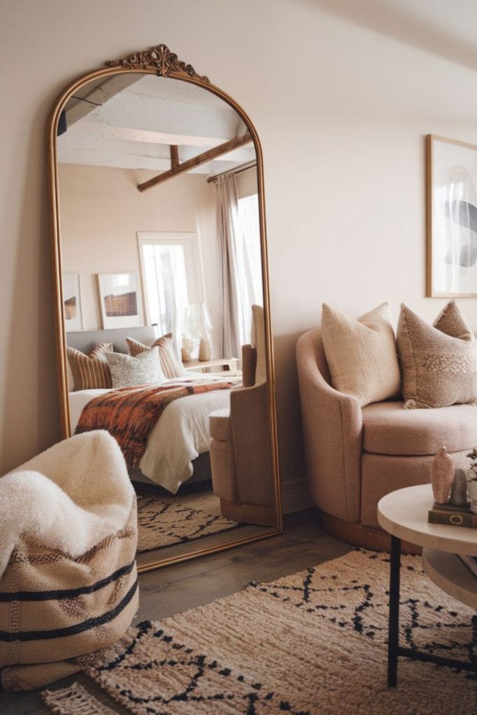 Tall mirror brightening small room.