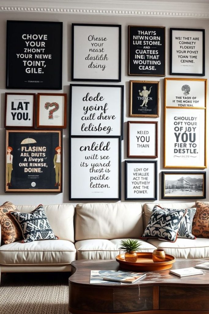 Mixed media memory wall with quotes.