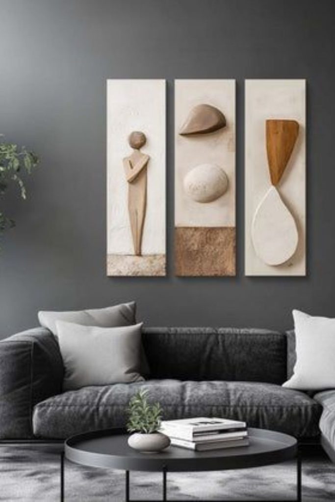 Minimal canvases paired with sculptural forms.