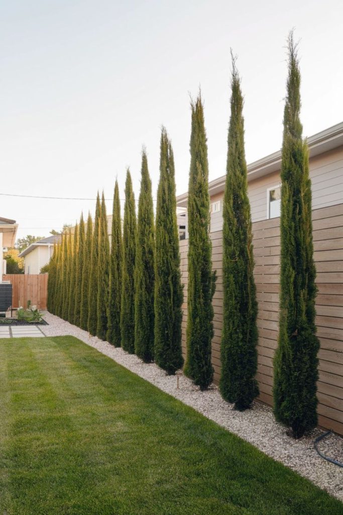 Tall cypresses line narrow gravel alley.