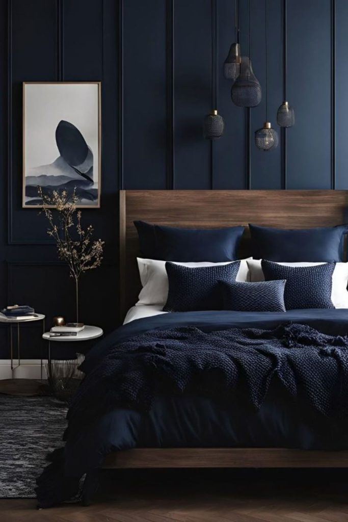 Moonlit navy elegant bedroom interior