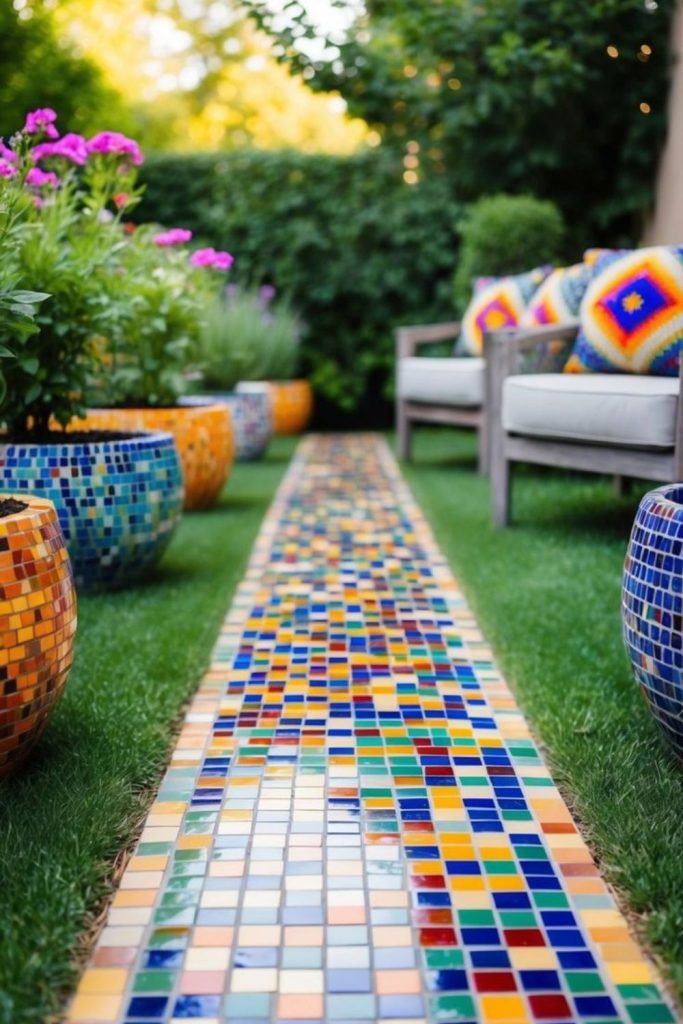 Colorful mosaic patio with playful patterns