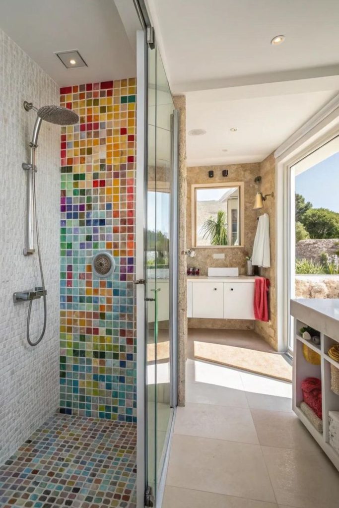 Colorful mosaic corner shower tiles.