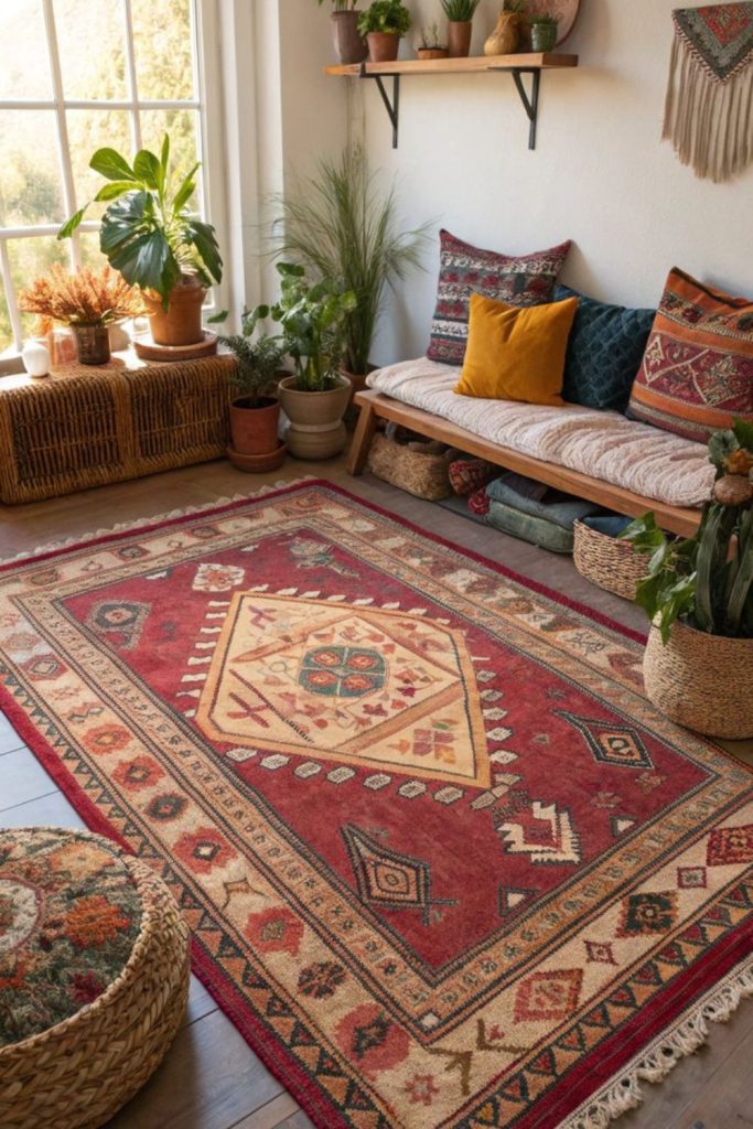 Colorful tile room with patterned rugs