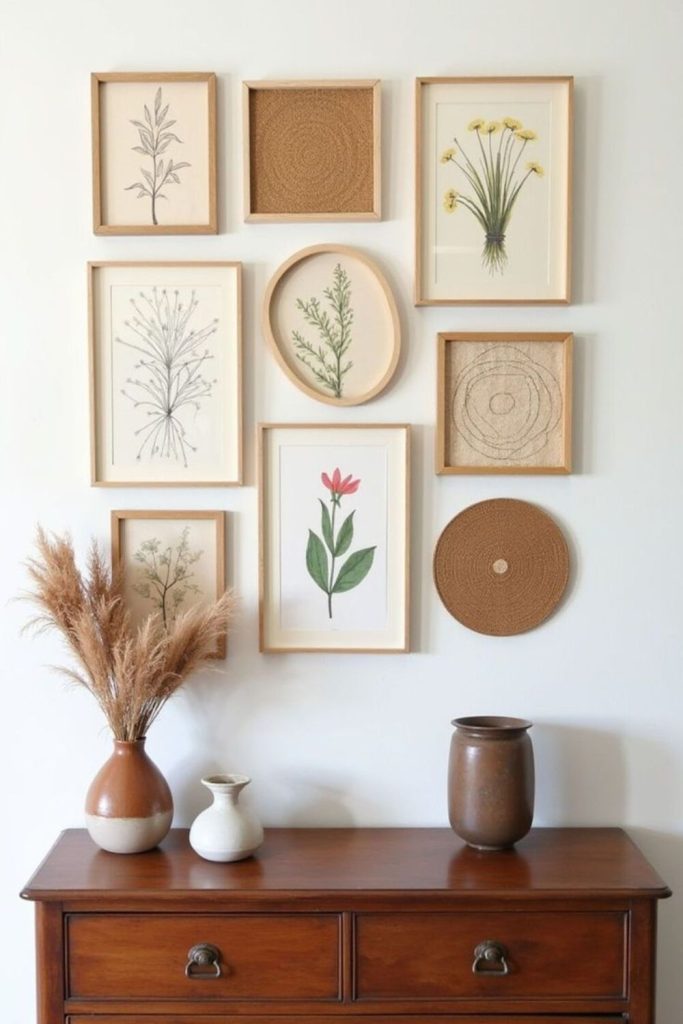 Earthy materials combined with organic art.