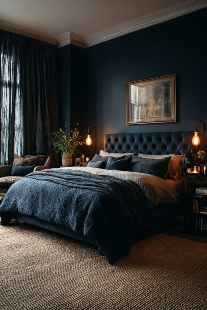 Deep navy warm moody bedroom