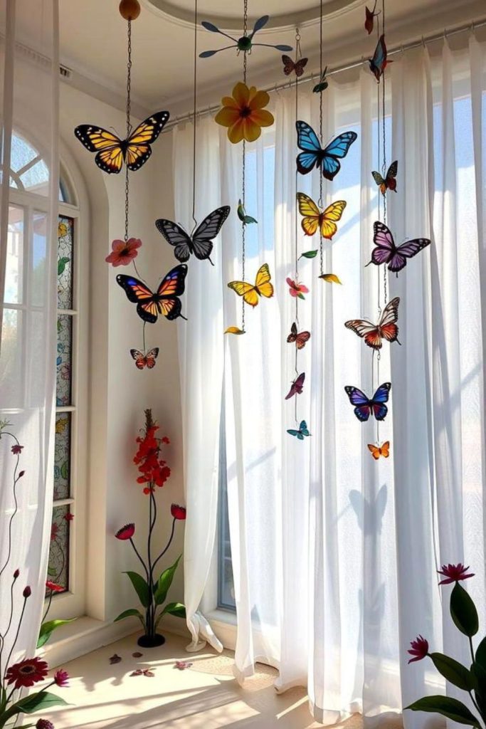 Folded paper birds and flowers displayed
