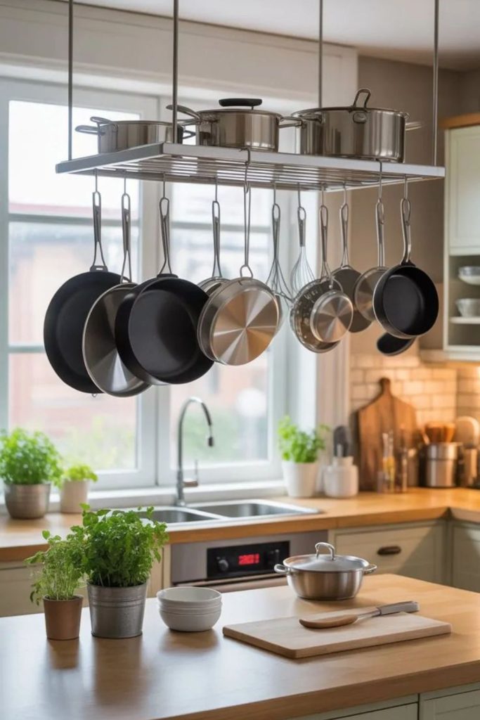 Overhead pot rack storing pans efficiently