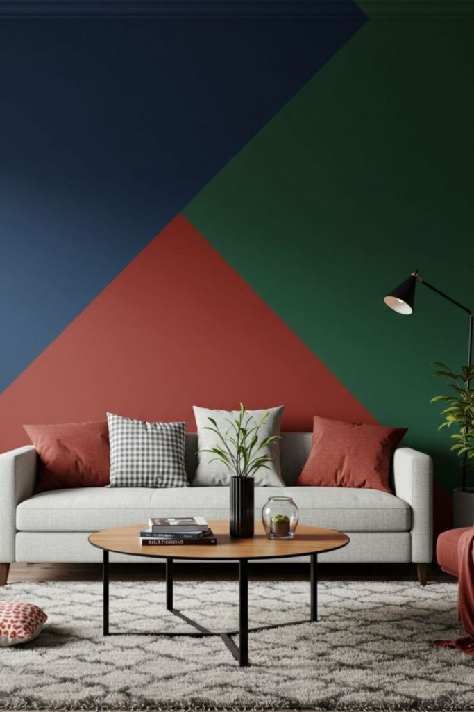 Geometric paint accents energizing blank walls.
