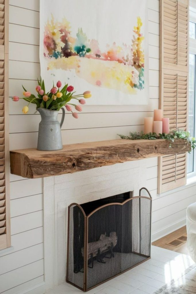 Watercolor splashes painting over wooden mantel