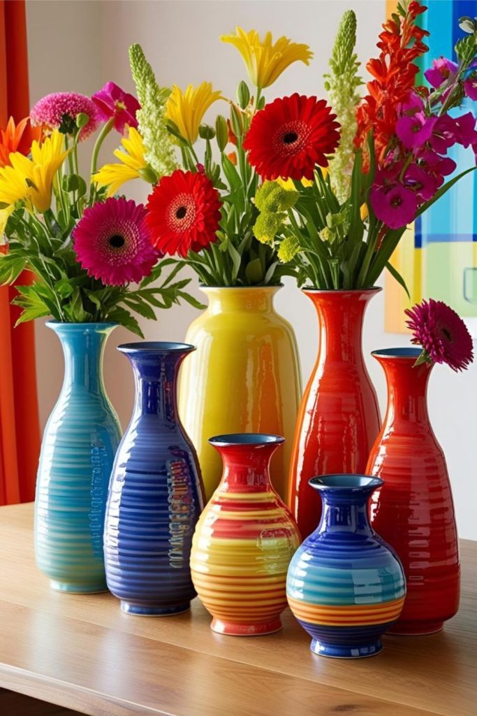 Hand painted vases brighten shelves