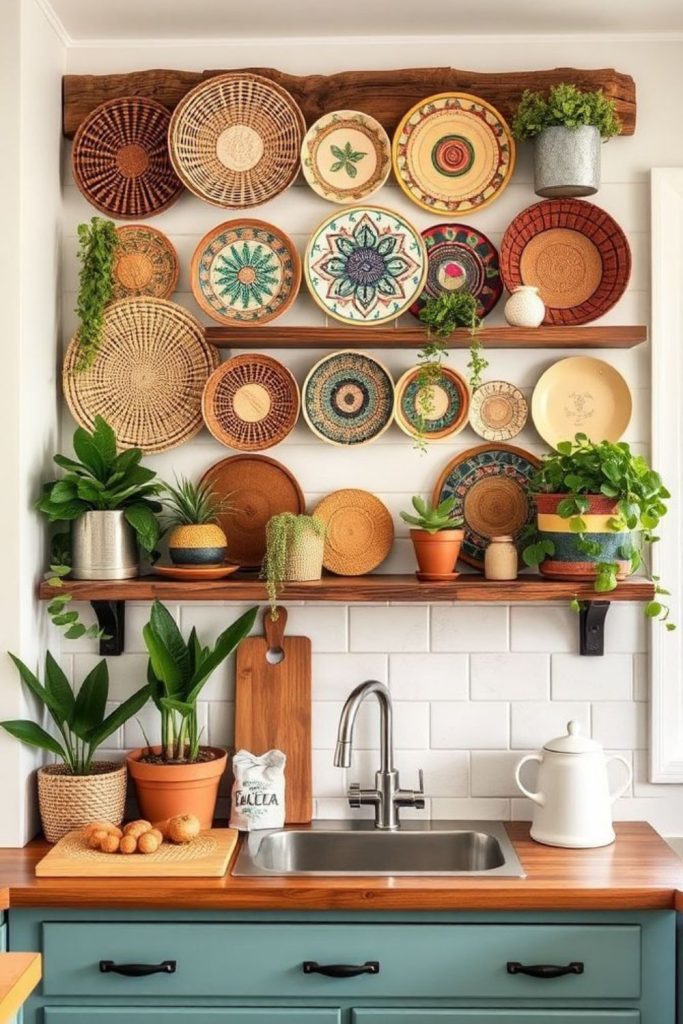 Colorful wooden utensils displayed on wall
