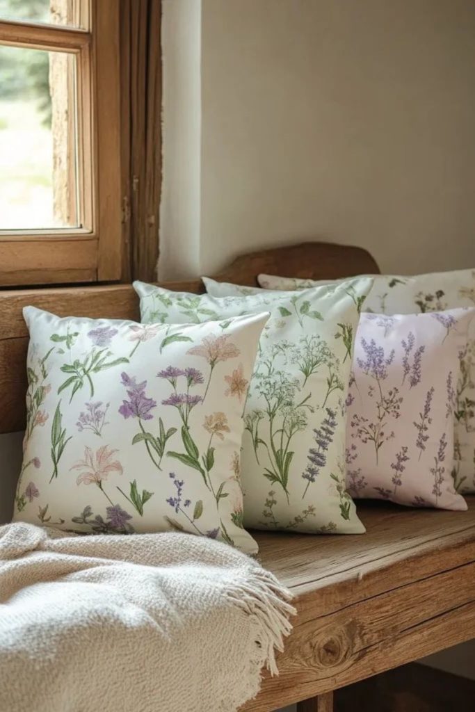 Mixed floral throw pillows display.