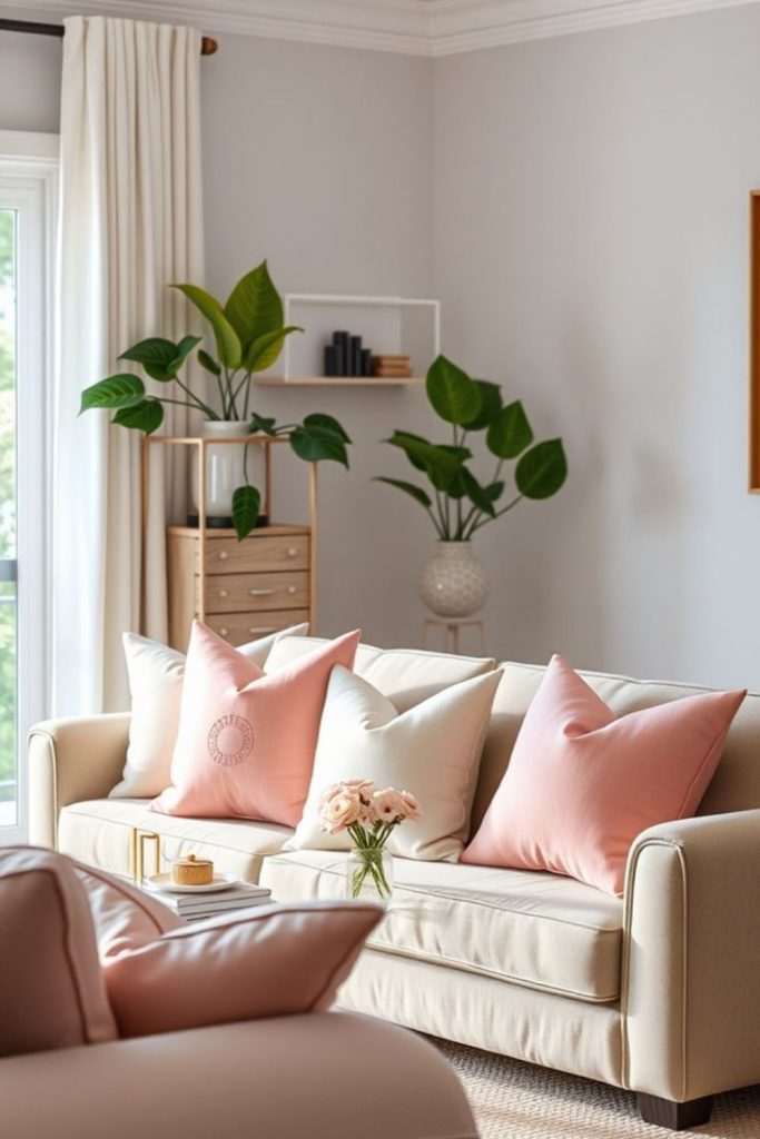 Peach accents warming living space.