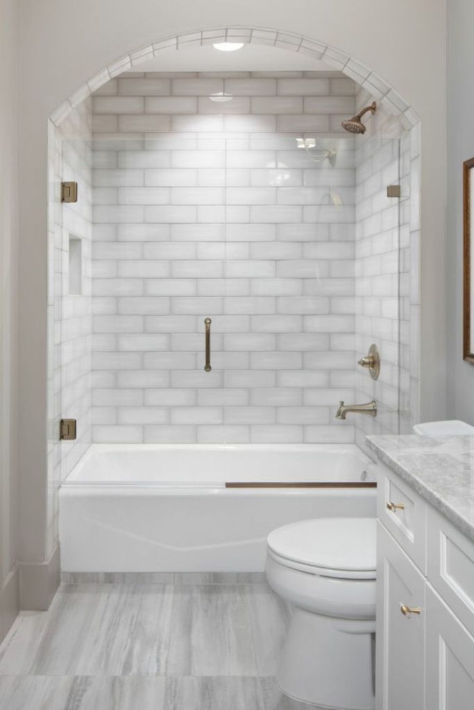 Pearl tile elegant small bathroom