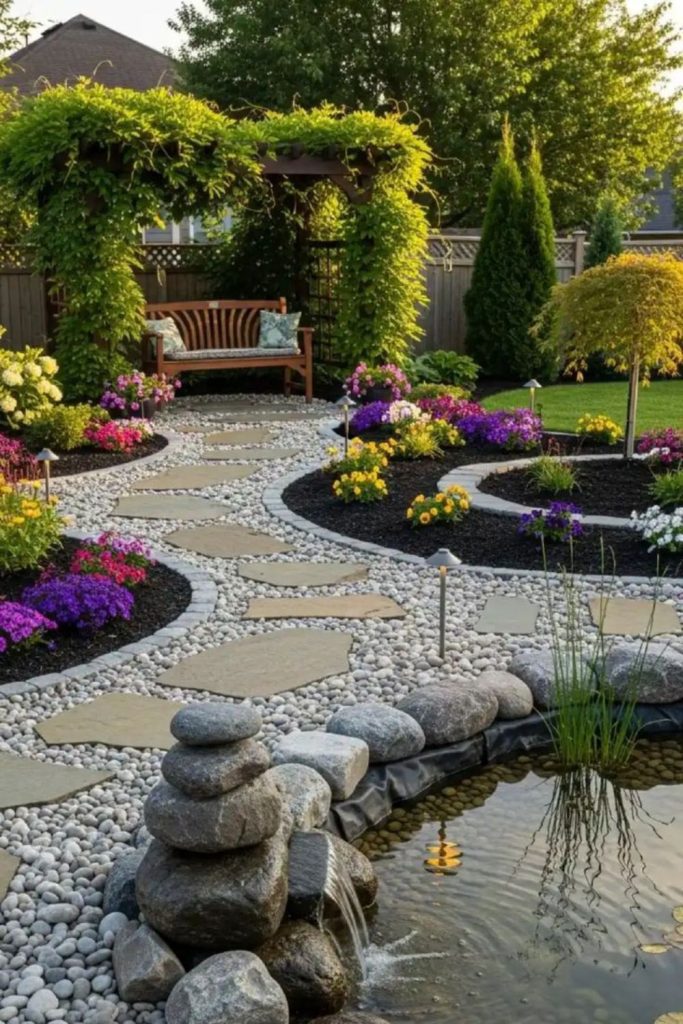 Pebbled stream with flowing water and flowers.