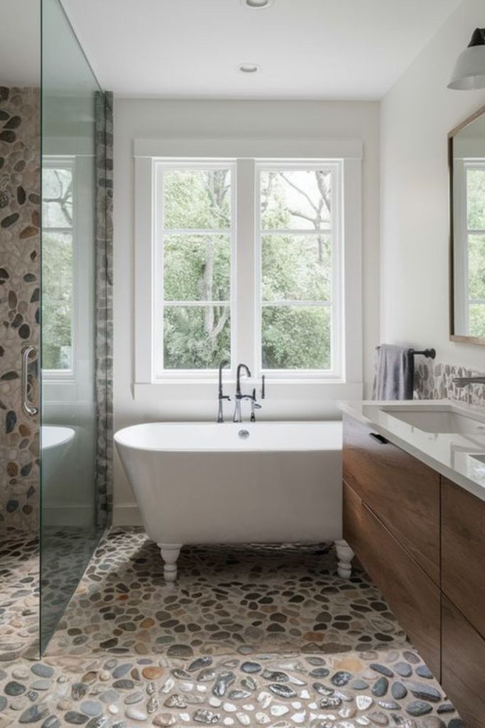 Natural pebble floor evoking riverside serenity