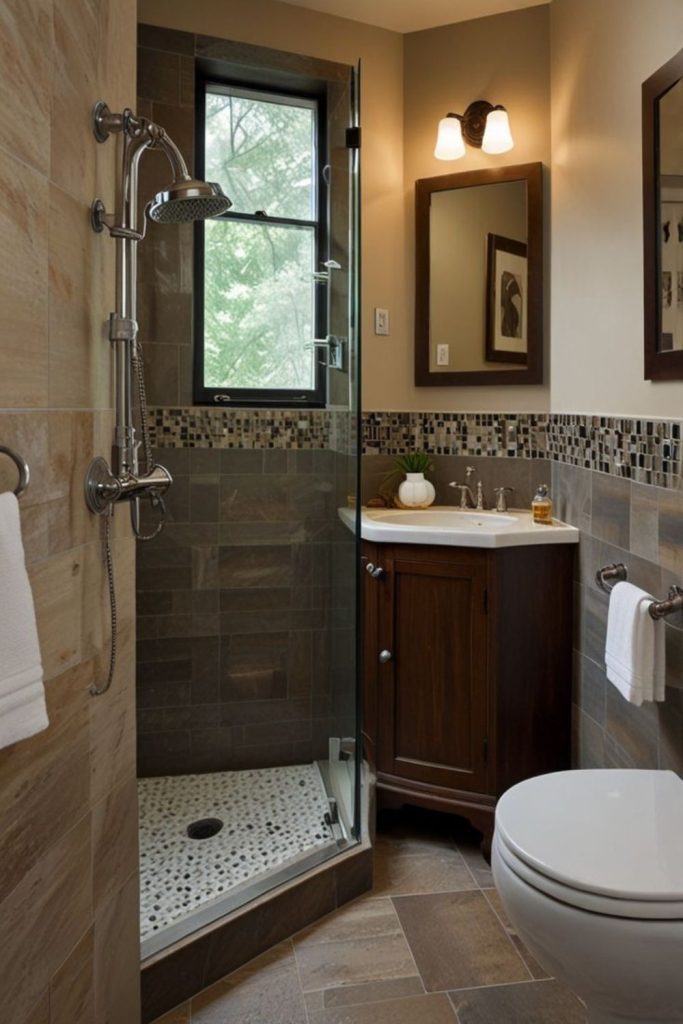 Pebble floor corner shower with stream.